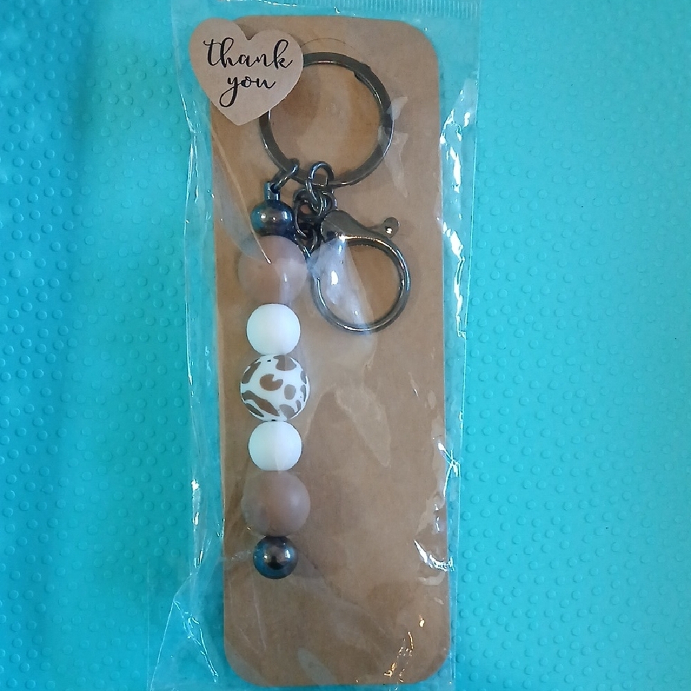 Beaded Keychain with Brown and White Beads